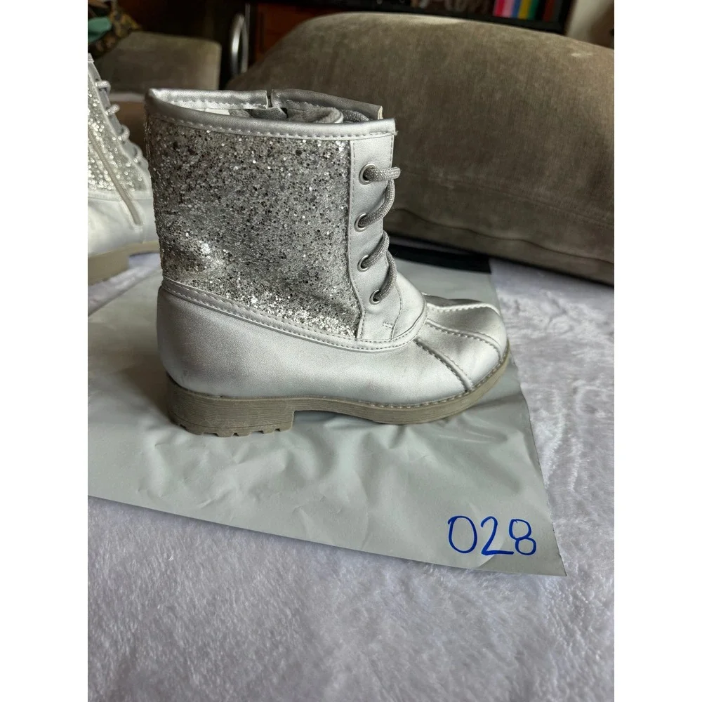 Dream Pairs Girls Silver Glitter Duck Boots Size 2 Youth Lace Up Side Zip